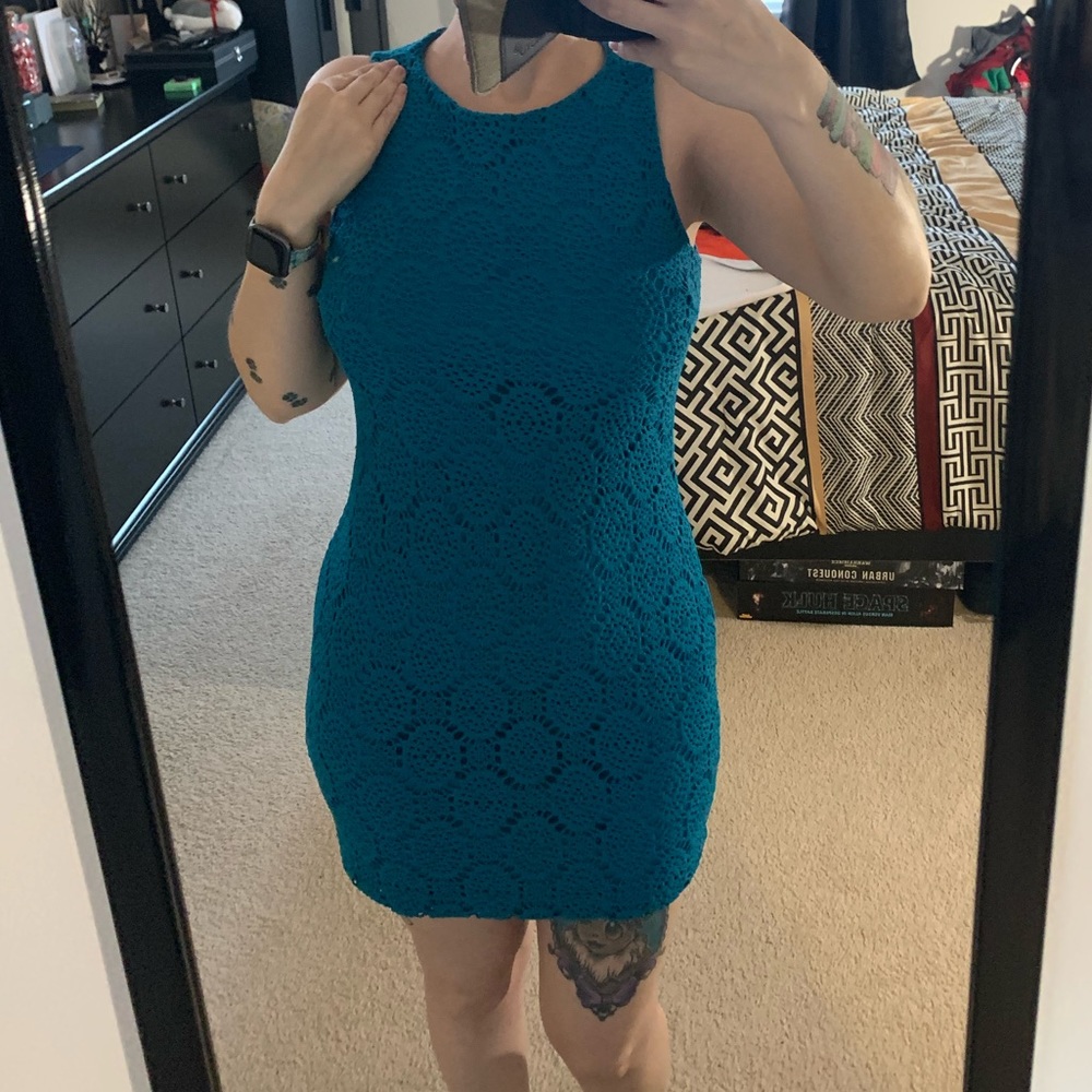 Teal Blue Crochet Sleeveless Mini Dress from Forever 21 Size Medium